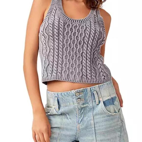 Free People High Tide Cable Tank Knit Vest Small Chambray Sky - Picture 1 of 4